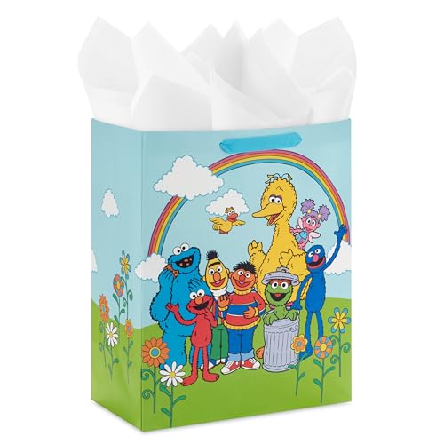 Hallmark Sesame Street - Bolsa de regalo grande de 13 pulgadas con papel de seda (pájaro grande, olmo, Grover, monstruo de galletas) para cumpleaños, Navidad, vuelta a la escuela
