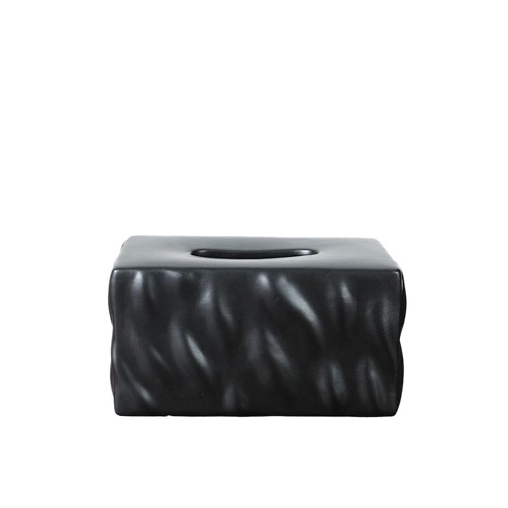 Tissue Case Tissue Box Ceramic Solid Color Irregular Texture Home Desktop Holder Tissue Dispenser(Black)
