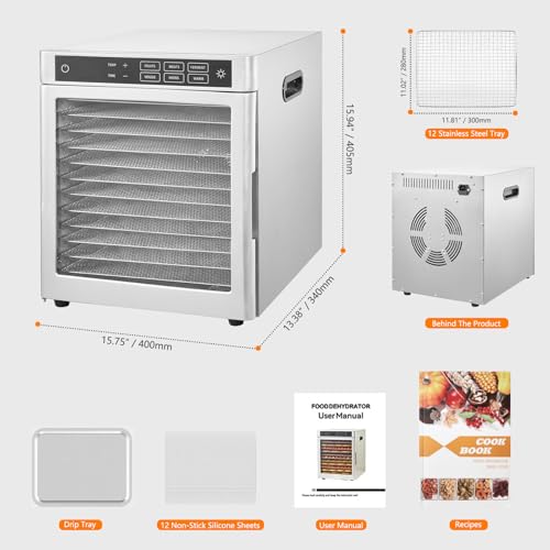 Food Dehydrator Machine 12 Stainless Steel Trays, Food Dryer for Fruit, Meat, Vegetables and Pet Food, 86 ℉ - 185 ℉ Adjustable and 0.5~24 Hours Digital Time Control, Includes Recipe Book