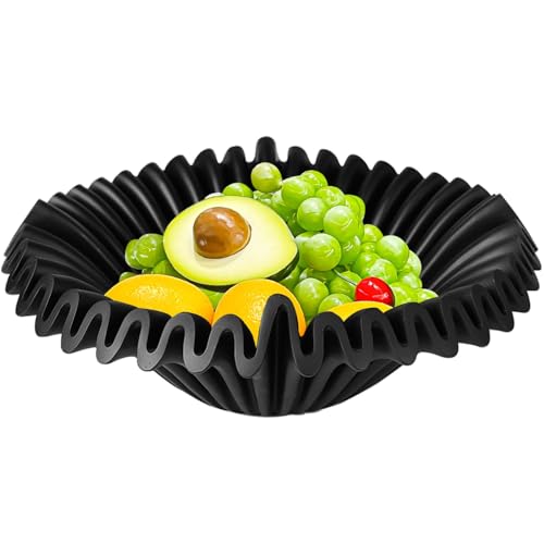 XDONEF Large Decorative Bowl Scalloped Decor Bowl Black Fruit Bowl for Kitchen Counter Modern Decorative Dish for Home Decor Ruffle Key Bowls for Entryway Table 11.4in
