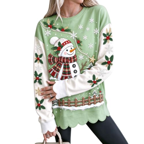 Christmas Sweatshirts for Women Graphic Scalloped Hem Comfortable Pullover | Winter Trends for Women 2026, Christmas, Snowman, Cotton, Cozy, Family, School, Weekend, Everyday, Travel, Casual, Work - image 1