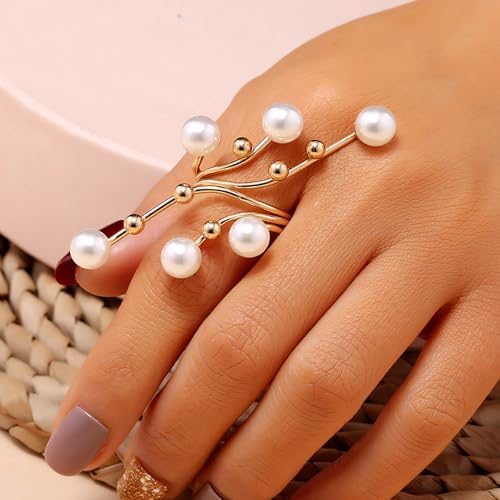 Gold Pearl Rings for Women Chunky Promise Ring Wrap Finger Rings Open Adjustable Stacking Ring Statement Party Prom Jewelry Gifts4