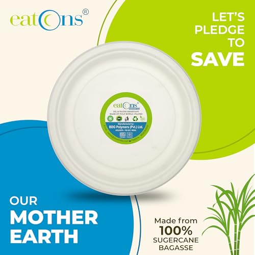 Image of EATONS 10 inch, 100 Pack Disposable Bagasse Plates | Eco-Friendly, Disposable Plates Big Size | Dinner Paper Plates | Birthday, Wedding & Party | Round, White