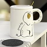 Arawat Lustige Tasse Elefant Kaffeetasse mit Deckel Keramik Teetasse mit Löffel & Untersetzer 410ml Groß Kaffeebecher Witzige Tasse Espressotassen Kaffee Tasse Cappuccinotasse Geschenk (Elefant)
