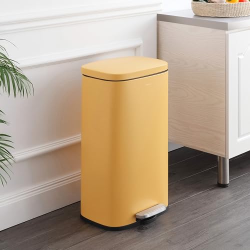 Image of happimess Curtis 8 Gal Step Trash Can Soft Close 25 inch, Daffodil Yellow | Iron Construction, Satin Finish, Removable Liner, Steel Pedal, 20 Trash Bags Included, Kitchen Office Bin