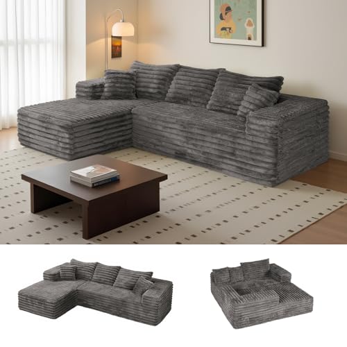 Sectional L-Shaped Sofa Grey Cloud Corduroy No Assembly