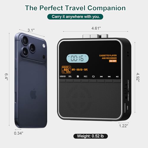 Image of Cassette Tape Player Recorder, Cassette to MP3 Converter, Record to Cassettes /USB /SD Card, LCD Display, Power by USB C or AA Battery, Built-in Speaker, Headphone Jack and Mic