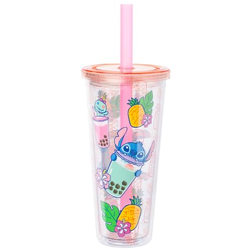 Image of Silver Buffalo Disney Lilo and Stitch Featuring Stitch and Scrump Plastic Boba Tumbler with Lid and Straw, 24 Ounces