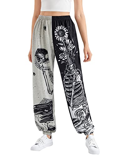 WDIRARA Women's Graphic Print Elastic Waist Sweatpants Casual Long Joggers Multicoloured Skull M WDIRARA Women's Graphic Print Elastic Waist Sweatpants Casual Long Joggers Multicoloured Skull M