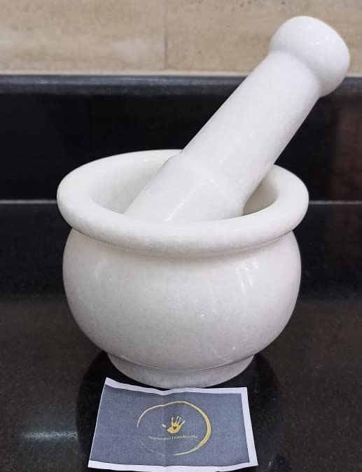 Rajasthan Art Super White marble mortar and pestle set/stone grinder/khara/khalbatta/imam Dasta/ohkli musal/idi kallu/khal musal/okhli masher for kitchen or home (4 X 3 Inch) Rich Polish