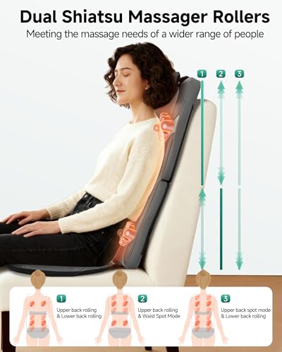 Image of Snailax Gifts for Men Women Chair Back Massager for Full Back Pain Relief Deep Tissue, Vibration Heated Seat Cushion Long Track Dual 3D Shiatsu Rollers, 3 Height Settings Foldable Massage Chair Pad
