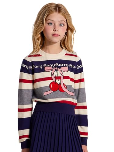Girl Pullover Sweaters Winter Knit Clothing Cherry Embroidery Pattern Striped Crewneck Top Kid Clothes