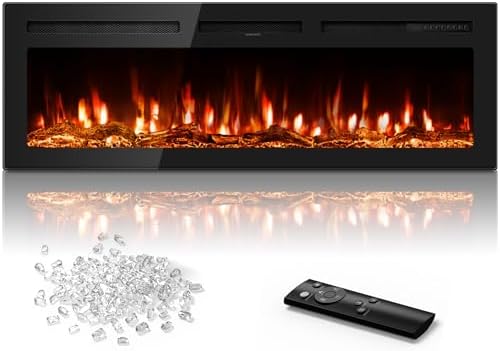 Manastin 50 inch Electric Fireplace in-Wall Recessed and Wall Mounted with Remote Control, 1500/750W Fireplace Heater (60-99°F Thermostat) with 12 Adjustable Color, Timer, Log and Crystal - Thumbnail 5