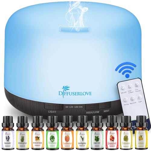 Image of Diffuserlove Essential Oil Diffuser 500ML Aromatherapy Diffuser Mist Humidifiers 7 Color LED Lights Diffusers for Home Office Bedroom (Size:6.7" L x 6.7" W x 4.7" H)