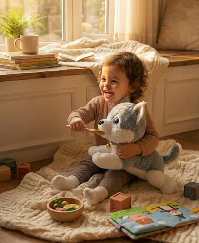 Image of Cute Husky Puppy Soft Toy, 28 cm Premium Plush Stuffed Animal with Bell Collar, Adorable Bedtime Buddy for Kids and Birthday Gifting