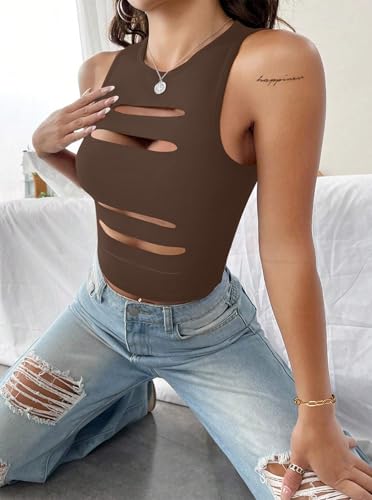 Image of LovelyWholesale Women Sexy Cut Out Crop Tank Tops Crew Neck Summer Sleeveless Top