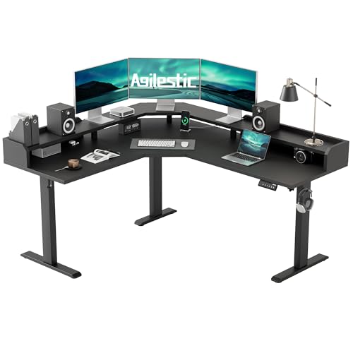 Image of Agilestic L Shaped Standing Desk, Adjustable Height Corner Gaming Desk with Shelf, Sit Stand Up Desk, 63 x 55 Inch Home Office Computer Table, Black