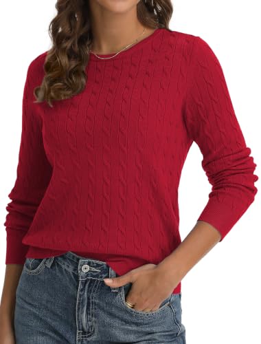QUALFORT Women's Cable Knit Sweater Red Crewneck Large