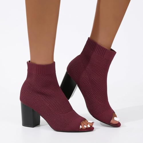 SACFOF Peep Toe Booties for Women Knit Pointed Toe Chunky Block Heels Breathable Sandals Summer Casual Slip On Dress Sock Booties US5-112