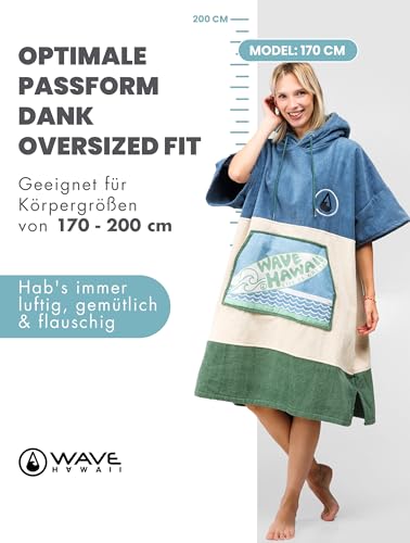 WAVE HAWAII Bade-Poncho Damen & Herren Curitiba, Größe L, 170-200cm, 100% Baumwolle Surf Poncho Erwachsene, Frottee Handtuch mit hoher Wasserabsorption, Umziehhilfe Strand Erwachsene