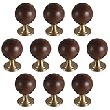 Vasphire Wood & Brass Cabinet Knobs and Pulls 10 Pack - 1-3/16''(30mm) Walnut Round Gold Cabinet Knobs Hardware with Copper Base, Vintage Wooden Handle for Dresser Kitchen Cupboard Drawer
