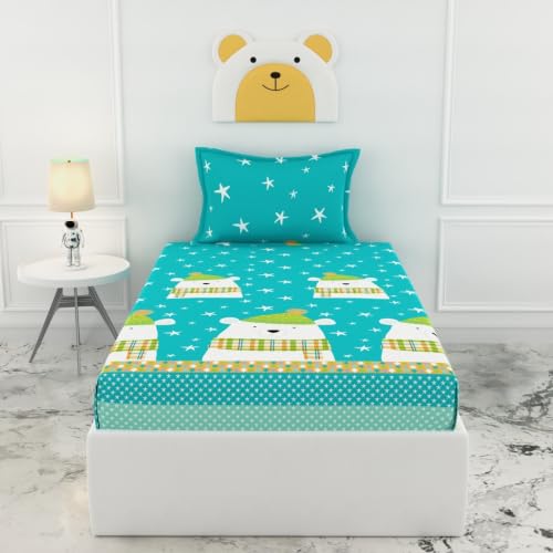 Image of LORETO - A QUALITY LINEN BRAND 186 TC 100% Pure Cotton Single Fitted Bedsheet with 1 Pillow Cover for 78 x 36 Inch Mattress, All-Around Elastic, 8 Inch Deep Pocket, Teal Bear