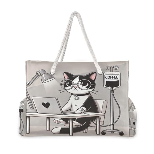 Cat Coffee Gray Beach Tote Bag for Women Extra Large Beach Bags Swim Pool Bag Waterproof Travel Tote Bags with Zipper for Yoga Gym Women Vacation Essentials Nurse2