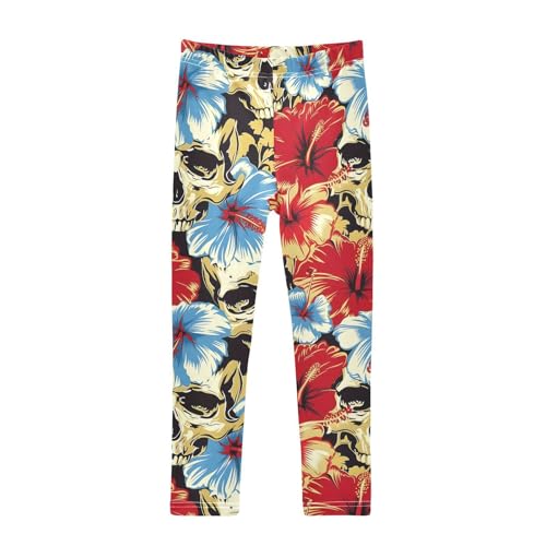 Red Blue Hibiscus Flower Skull Girls Leggings Soft Stretch Workout Yoga Dance Pants for Kids Casual Tights