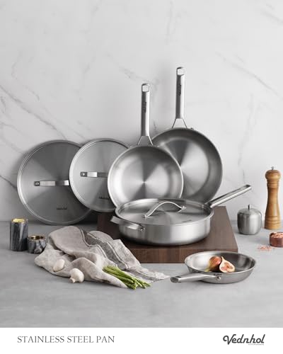 Image of Stainless Steel Frying Pan Set with Lids 8+10+12 Inch,Tri-Ply Stainless Steel Skillets,Brushed Steel Pans with Stainless Steel Lids,Oven&Dishwasher Safe,Induction Compatible