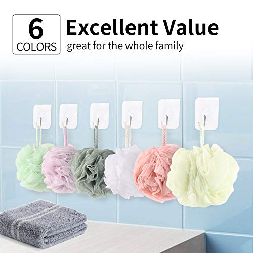 Yizhimao 6 Pack Bath Shower Loofahs Sponge 4 Adhesive Hooks Mesh Pouf Boddy Scrubber Shower Ball for Body Wash, Various colors - Thumbnail 6
