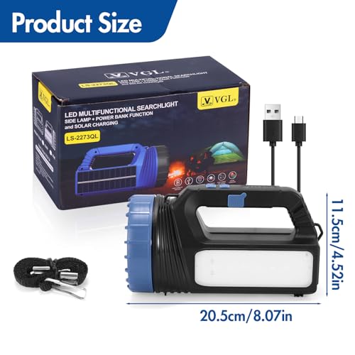 Rechargeable LED Torch Camping Lights with 2400mah USB and Solar Charging 8000 LM High Power Beam Flashlight IP 65 Waterproof Outdoor Searchlight Portable Lightweight Lantern Emergencies Work Light - Image 3