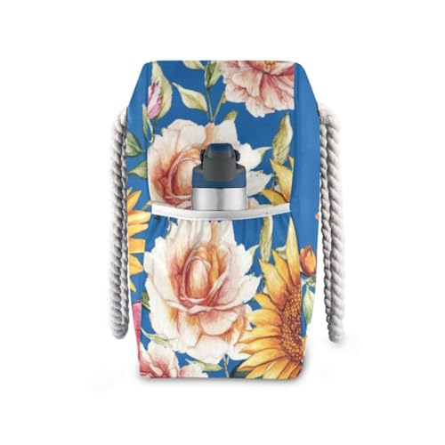 Fall Flowers Sunflower Snapdragon Blue Portable Sandproof Outdoor Tote with side pocketes Bag Women Travel Essentials Beach Birthday for Women3