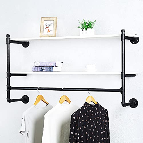 Haovon Industrial Pipe Clothing Rack Wall Mounted Wood Shelf,Pipe Shelving Floating Shelves,Retail Garment Rack Display Rack Clothes Racks(2 Tier,48In) #TOP5