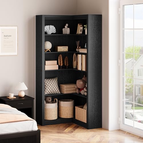 GarveeHome Corner Bookshelf, 71.8'' Black Corner Bookcase, L-Shaped Bookshelf Farmhouse Bookcase, 5 Tier Display Shelf Heavy Duty Bookcases, Bookshelves with Storage (Black)