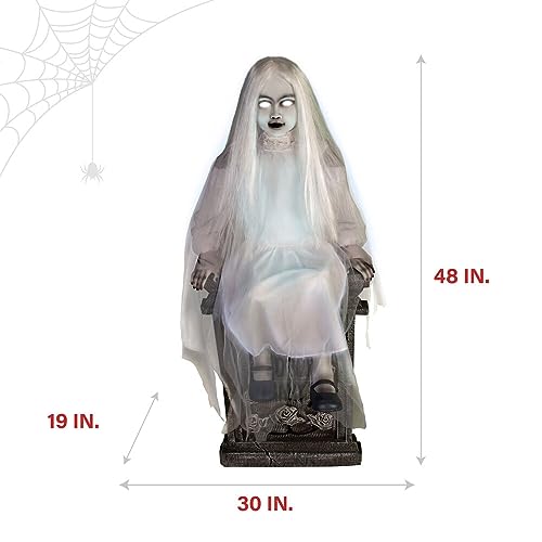 Haunted Hill Farm Motion-Activated Sitting Tombstone Girl by Tekky, Talking Animatronic for Indoor or Covered Outdoor Creepy Halloween Decorations, Plug-In or Battery Operated Prop