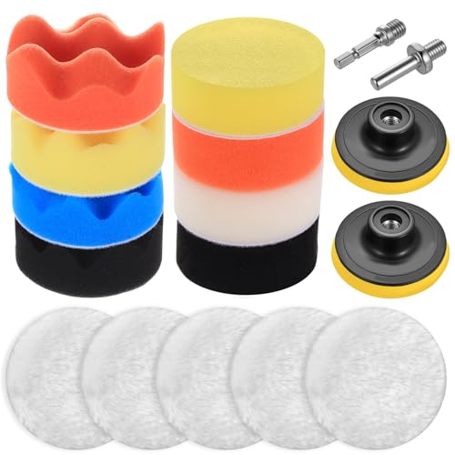 17 Pcs Car Polishing Pads for Drill Polishing Kit 80mm Wool Buffing Pads for Drill Buffer Attachment Car Buffer Polisher for Drills Sponge Polishers and Buffers Waxing Sanding + Adapters
