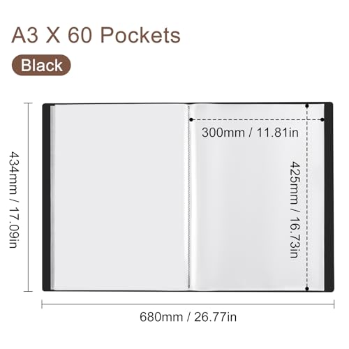 Porte-documents A3 classeur de presentation grand format 60 pochettes transparentes noir