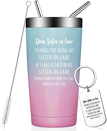 Fufandi Sister in Law Gifts - Sister in Law Birthday Gifts - Sister in Law Gifts for Women - Mothers Day Gifts for Sister in Law - Vacuum Insulated Tumbler Cup (20oz, Glitter Bubble Gum)
