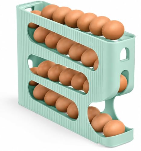 Image of 4-Tier Automatic Rolling Egg Dispenser for Refrigerator - Space-Saving Plastic Egg Holder, Holds Up to 30 Eggs, Roll-Down Design (Mint Green)