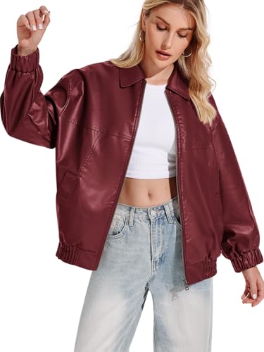 Yousify Womens Leather Jacket Oversized Faux Casual Zip Up Bomber Motorcycle Jackect Trendy Fall Winter Clothes S-XXL4
