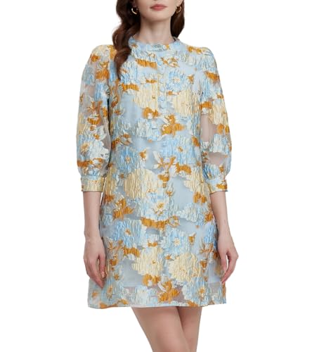 D-Sun Women's Floral Jacquard Dress Crewneck 3/4 Sleeve 3D Embroidered Slim Mini Dress Button Down Fall Elegant Short Dresses