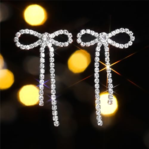 Suofrun Bow Earrings for Women Rhinestone Long Tassel Earrings Ribbon Bow Drop Earring Silver Stainless Steel Dangle Earrings Cute Sparkly Jewelry (Style 1) by suofrun - Image 6
