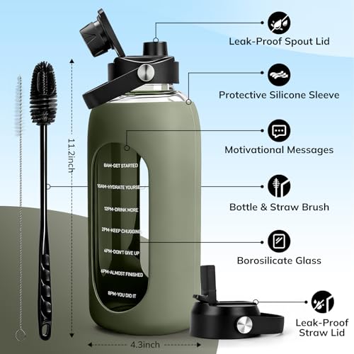 Image of Aqulea 64oz oz Glass Water Bottle with 2 Lids - Spout & Straw Lids, Borosilicate Glass Water Bottle with Time Marker & Silicone Sleeve, Leakproof