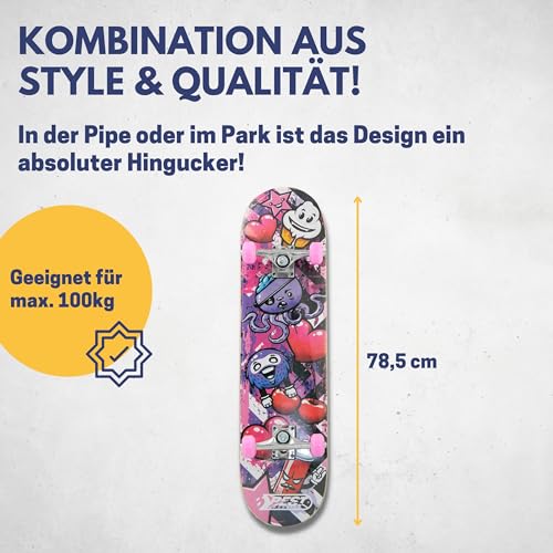 BEST SPORTING Skateboard A3 Kid Octopus – Skateboard 78 cm für Kinder mit rutschfestem Deck – 7-lagiges Ahornholz & Alu-Achse – ABEC 3 Kugellager – für Mädchen & Jungen ab 7 Jahre (Octopus Pink)