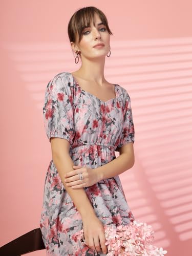 Image of OOMPH! Below Knee Shift Pink Dress in Crepe Fabric with Round Neck and Puff Sleeves - md619l