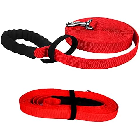 Dog Training Lead Leash,10m/32ft Heavy Duty Strong Nylon Extra Long Line Rope Leads for Pet Puppy Recall obedience,Soft Padded Handle for Medium Large Small Dogs Running,Play,Tracking,Camping-Red Cover