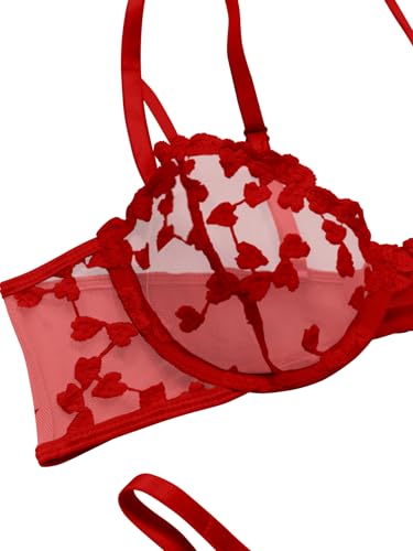 Image of Lilosy Sexy Underwire Cute Push Up Strappy Embroidered Mesh Sheer Lingerie Set See Through Panty Bra