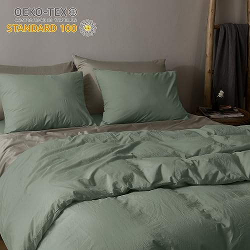 Phf 100% Cotton Duvet Cover King Size, 3Pcs Washed Cotton Linen Like Comforter Cover, Soft Breathable Durable Cooling Duvet Cover For Hot Sleepers, 104" X 90", Sage Green #TOP5