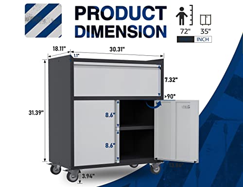 Aobabo Metal Storage Cabinet With Wheels, Mobile Metal Garage Cabinet With 1 Drawer And 2 Locking Doors, Small Rolling Tool Storage Cabinet, Assembly Required, Black/Gray #TOP2
