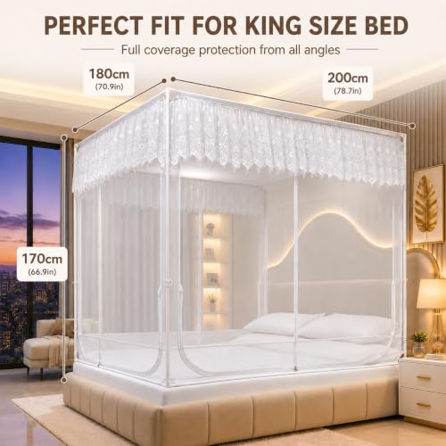 Image of Dawnwake Mosquito Net for King Size Double Bed, Anti-Fall Machardani Mosquito Net for Babies and Adults, Portable Foldable Mosquito Net Tent for Travel /Camping (White, 200x180 cm)